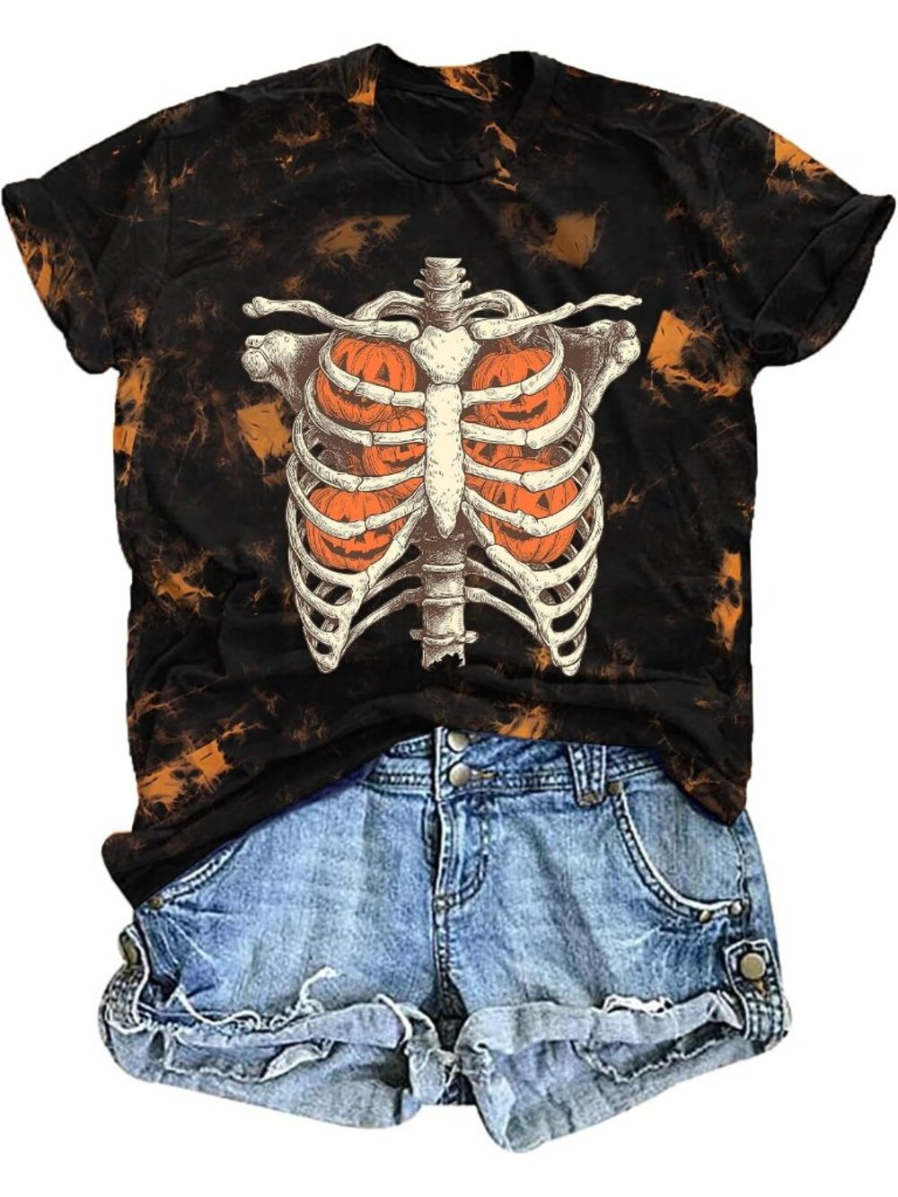 🆕 Women's Black Orange Skeleton Pumpkin Halloween Tie Dye Graphic Tee